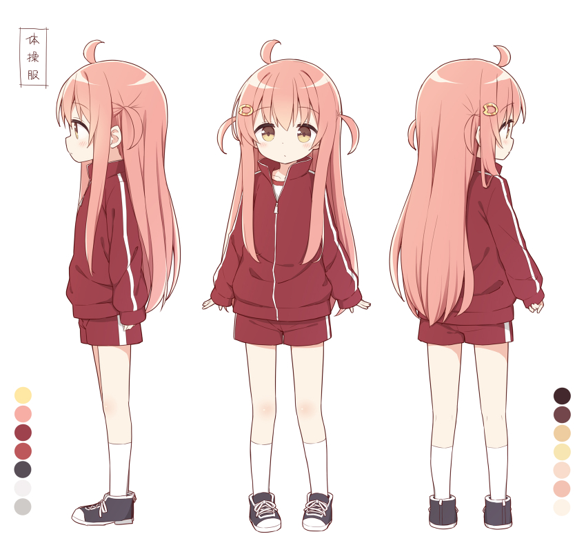 1girl, ahoge, black_footwear, blush, brown_eyes, closed_mouth, color_guide, commentary_request