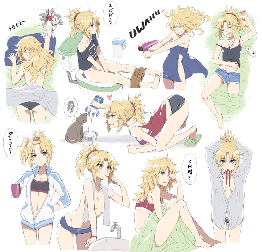 1girl, absurdres, barefoot, blonde_hair, brushing_teeth, cat, cup, english_text, fate_(series), floating_hair, green_hair, hair_dryer, highres, implied_peeing, mordred_(fate), mug, panties, polo_shirt, short_shorts, shorts, sleeping, tomboy, tonee, topless_female, towel, translation_request, underwear, waking_up