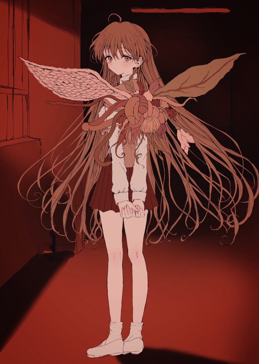 1girl, ahoge, asymmetrical_wings, blush, body_horror, brown_eyes, brown_hair, expressionless