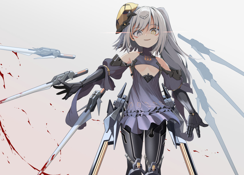 1girl, bare_shoulders, black_dress, blood, bloody_weapon, breasts, clothing_cutout, commentary_request