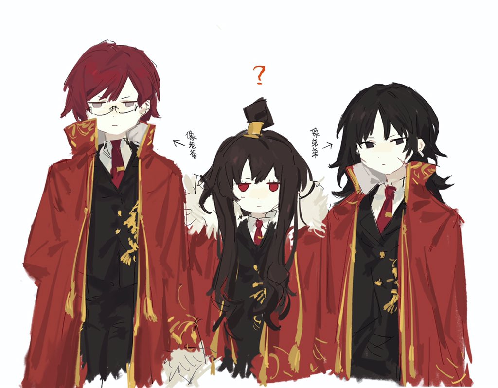 1girl, 2boys, brown_hair, cape, chun_(project_moon), collared_shirt, grey_eyes, hair_bun