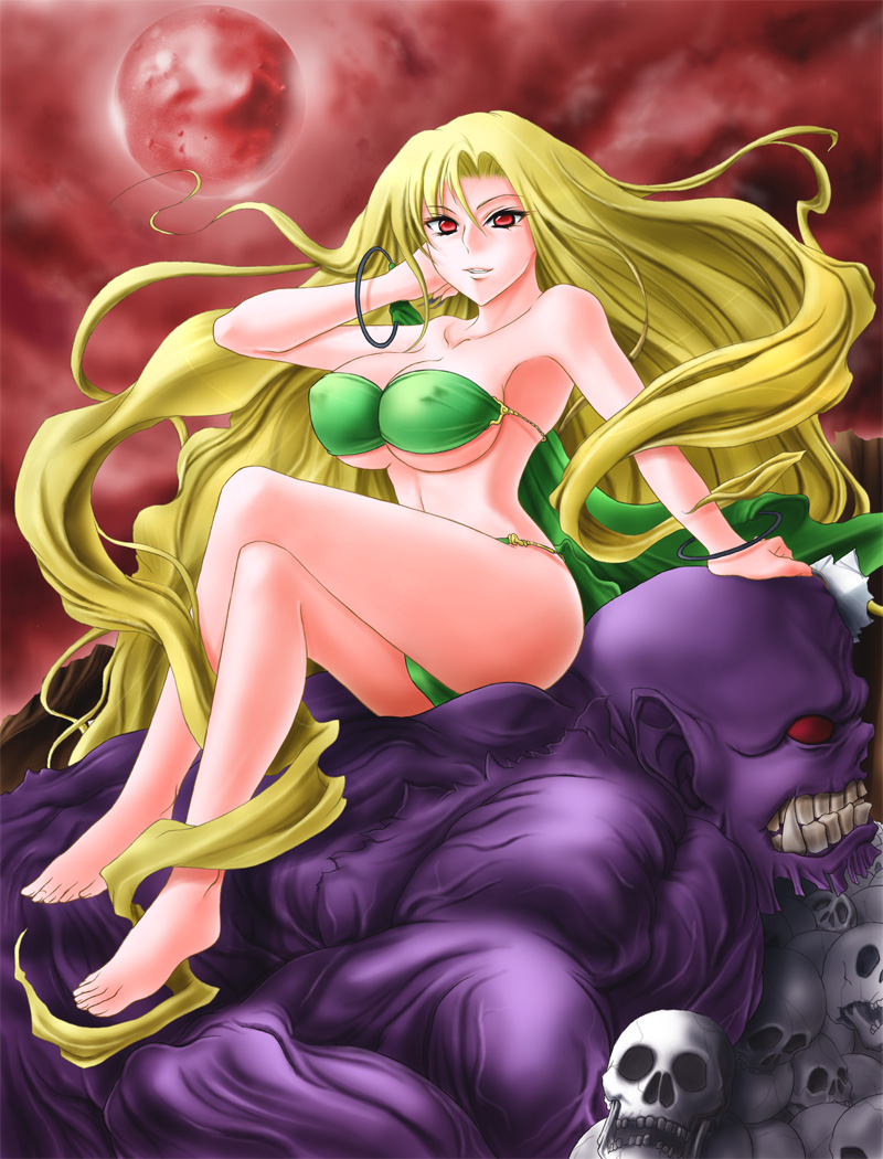 1990s_(style), 1girl, adjusting_hair, bandeau, barbariccia, barefoot, bikini, blonde_hair