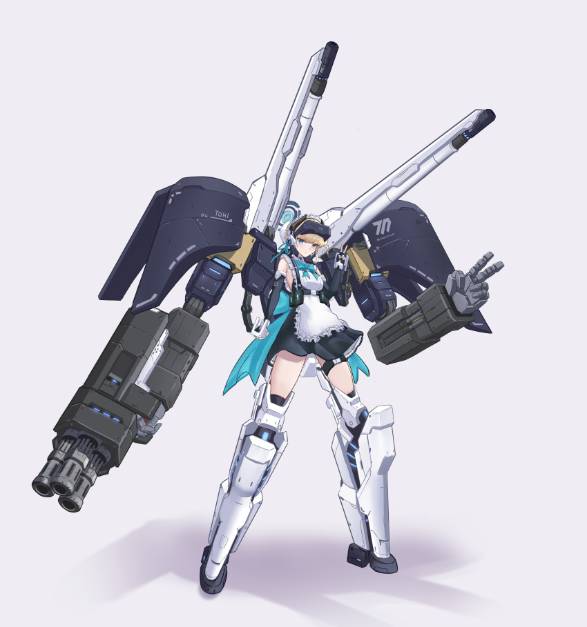 1girl, absurdres, apron, aqua_bow, aqua_bowtie, black_dress, blonde_hair, blue_archive, blue_eyes, blue_halo, bow, bowtie, breasts, character_name, detached_sleeves, dress, earpiece, externally_piloted_mecha, frilled_apron, frills, gun, hair_bun, halo, head-mounted_display, highres, jellen_squish, looking_at_viewer, machine_gun, machinery, maid, maid_apron, maid_headdress, mecha, mechanical_halo, medium_breasts, multiple_weapons, robot, solo, thigh_strap, toki_(abi-eshuh)_(blue_archive), toki_(blue_archive), unconventional_maid, v, waist_apron, weapon, white_apron