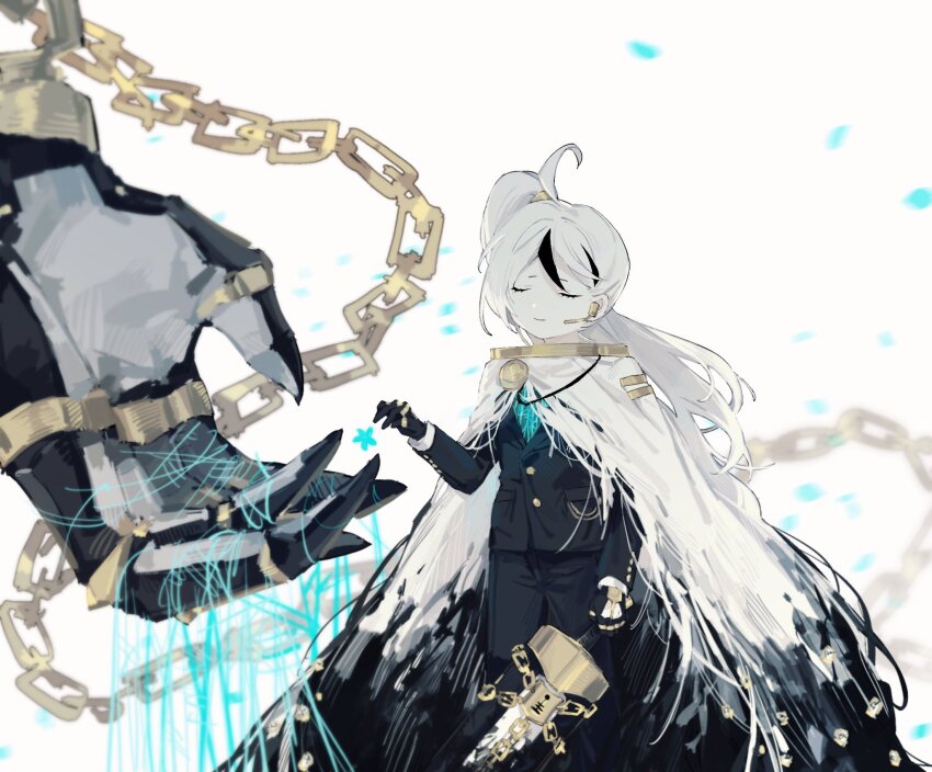 1boy, badge, black_gloves, black_pants, cape, chain, claws, e.g.o_(project_moon), gloves, greatsword, highres, holding, holding_sword, holding_weapon, library_of_ruina, lock, long_hair, male_focus, meijiichigo, pants, project_moon, spoilers, sword, very_long_hair, weapon, white_cape, white_hair, yan_vismok