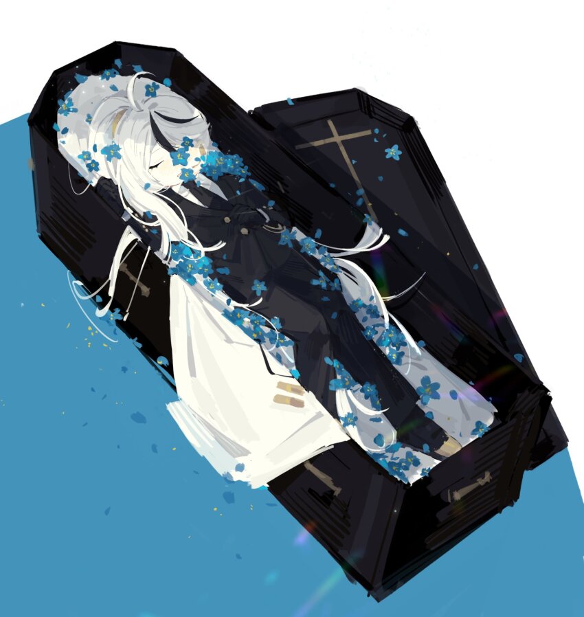 1boy, black_jacket, black_necktie, black_pants, blue_flower, cape, closed_eyes, closed_mouth, coffin, collared_shirt, flower, highres, jacket, library_of_ruina, long_hair, long_sleeves, lying, male_focus, meijiichigo, multicolored_hair, necktie, on_back, pants, project_moon, shirt, side_ponytail, solo, streaked_hair, very_long_hair, white_cape, white_hair, white_shirt, yan_vismok