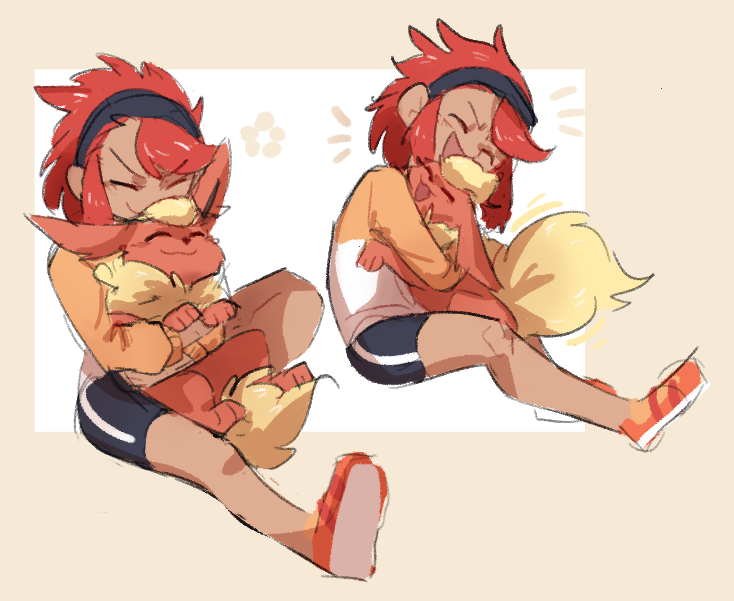 1girl, bike_shorts, black_hairband, closed_eyes, flareon, full_body, gen_1_pokemon, hairband