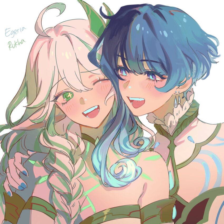 2girls, absurdres, ahoge, asymmetrical_hair, blue_eyes, blue_hair, blue_nails, braid