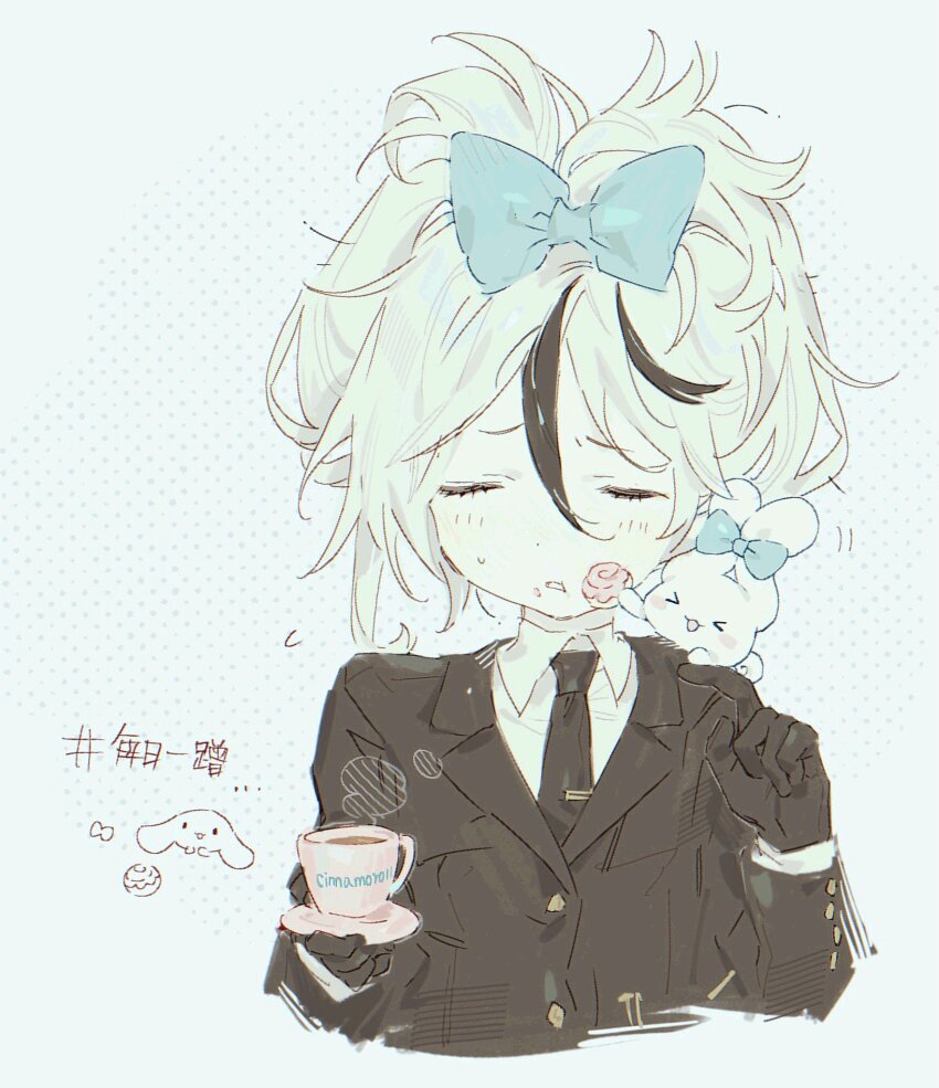 1boy, alternate_hairstyle, black_necktie, blush, cinnamoroll, closed_eyes, collared_shirt, folded_twintails