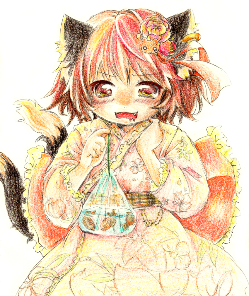 1girl, :d, alternate_costume, animal_ear_piercing, animal_ears, bag, bagged_fish, blush