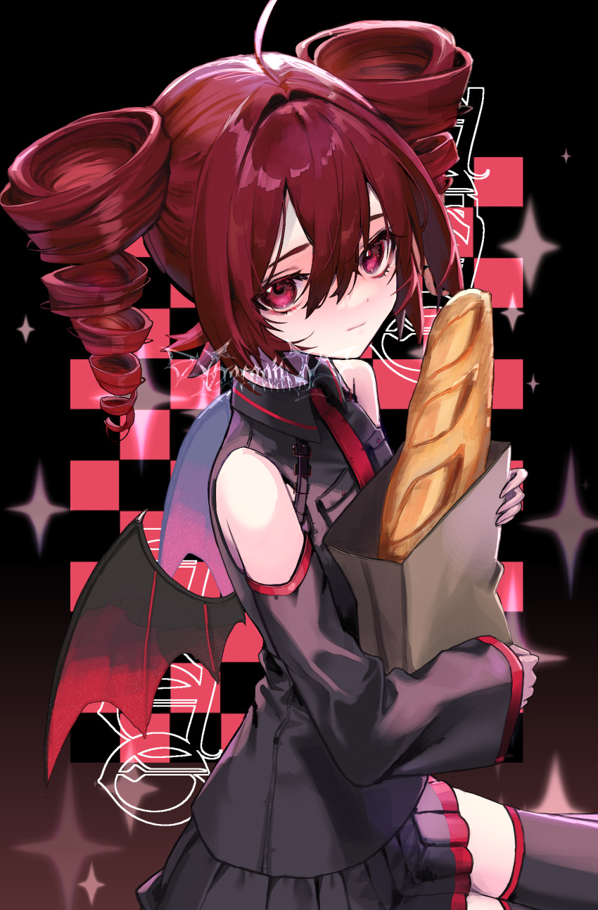 1girl, bag, bare_shoulders, bat_wings, black_background, black_shirt, black_skirt, black_thighhighs, bread, checkered_background, detached_sleeves, drill_hair, food, highres, holding, holding_bag, kasane_teto, kasane_teto_(utau), looking_at_viewer, piz_doll, red_eyes, red_hair, red_trim, shirt, skirt, solo, sparkle, thighhighs, twin_drills, utau, watermark, wings