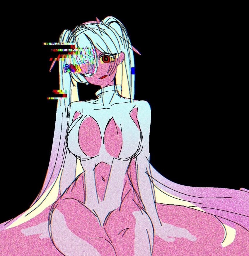 1girl, bodysuit, breasts, buurn_dokaan_(nack), cinderella_(nikke), cleavage_cutout, clothing_cutout, glitch, goddess_of_victory:_nikke, highres, large_breasts, leg_cutout, long_hair, looking_at_viewer, navel, navel_cutout, parted_lips, red_eyes, solo, twintails, very_long_hair, white_bodysuit, white_hair