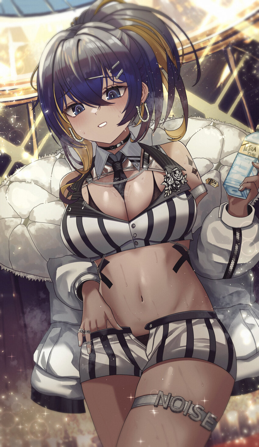 1girl, absurdres, arm_strap, bare_shoulders, between_breasts, black_hair, black_necktie, blonde_hair