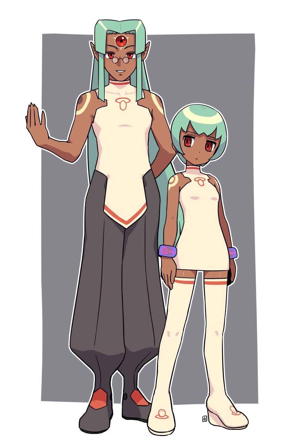 1boy, 1girl, bare_arms, bare_shoulders, boots, bracelet, breasts, closed_mouth, dark-skinned_female, dark_skin, full_body, geetz_(mega_man), green_hair, highres, jewelry, looking_at_viewer, mega_man_(series), mega_man_legends_(series), mega_man_legends_2, muu_(mumumer), red_eyes, sera_(mega_man), short_hair, sidelocks, small_breasts, smile, standing, thigh_boots, thighhighs, white_footwear, white_thighhighs