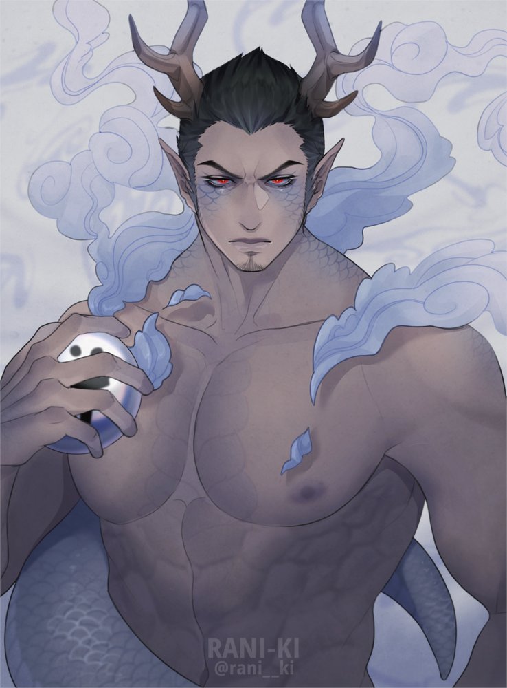 1boy, abs, animal_ears, antlers, bara, black_hair, chinese_zodiac, dragon_boy