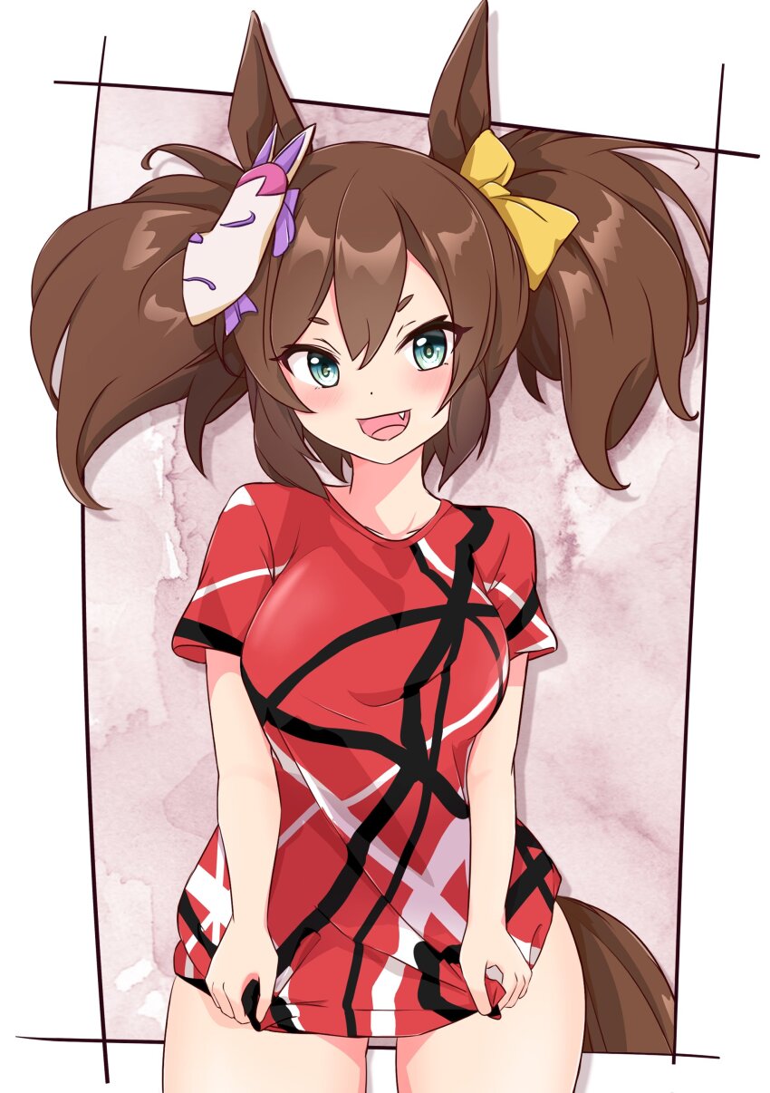 1girl, :d, absurdres, alternate_costume, animal_ears, bow, brown_hair, cowboy_shot