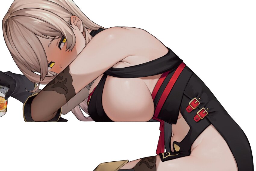 amatou_(ko_me_9), bare_shoulders, black_dress, black_gloves, blush, breasts, brown_hair, clothing_cutout