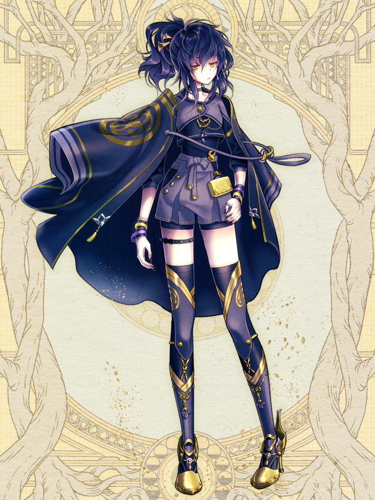 1girl, :/, akutabe_yuu, arm_at_side, belt_pouch, black_choker, black_hair, black_nails