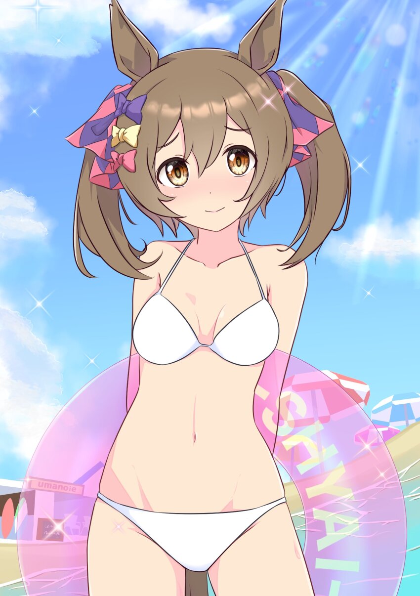 1girl, absurdres, animal_ears, arms_behind_back, bare_shoulders, bikini, blush, bow