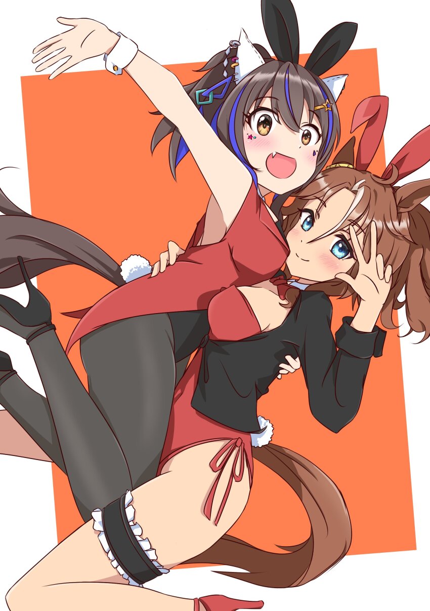 2girls, :d, absurdres, alternate_costume, animal_ears, black_jacket, black_pantyhose, black_shoes