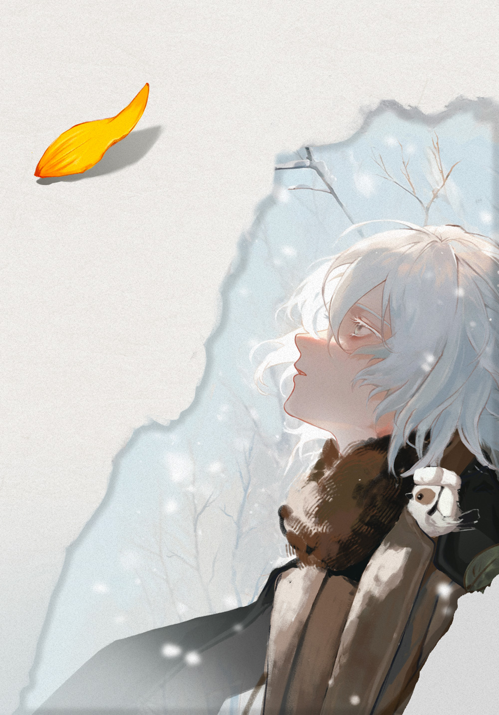 1boy, animal, animal_on_shoulder, bare_tree, bird, bird_on_shoulder, black_scarf, brown_coat