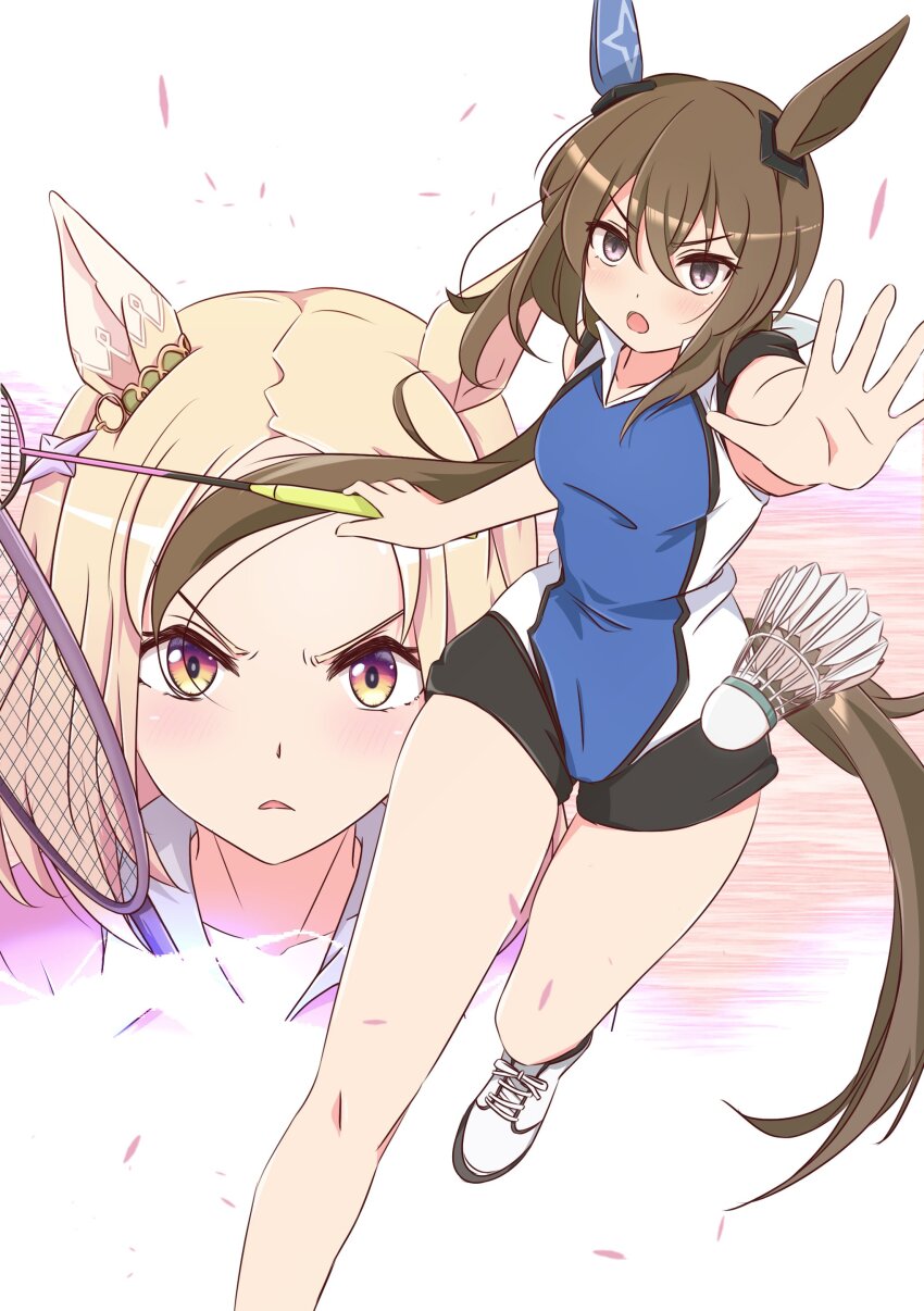 2girls, absurdres, admire_vega_(umamusume), animal_ears, badminton, badminton_racket, blonde_hair, brown_hair