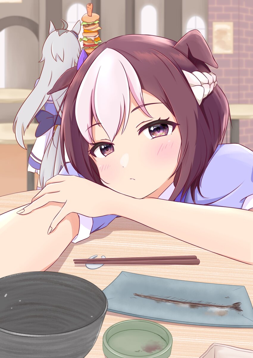 2girls, absurdres, ahoge, animal_ears, bow, bowl, brown_hair, burger