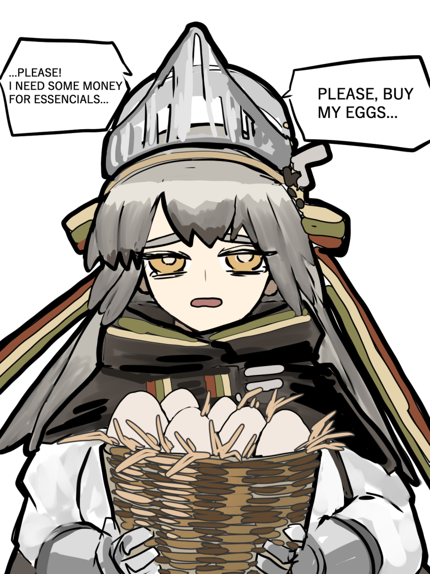 arknights, basket, egg, english_text, fartooth_(arknights), grey_hair, highres, open_mouth, simple_background, speech_bubble, thiccborb, upper_body, white_background, yellow_eyes