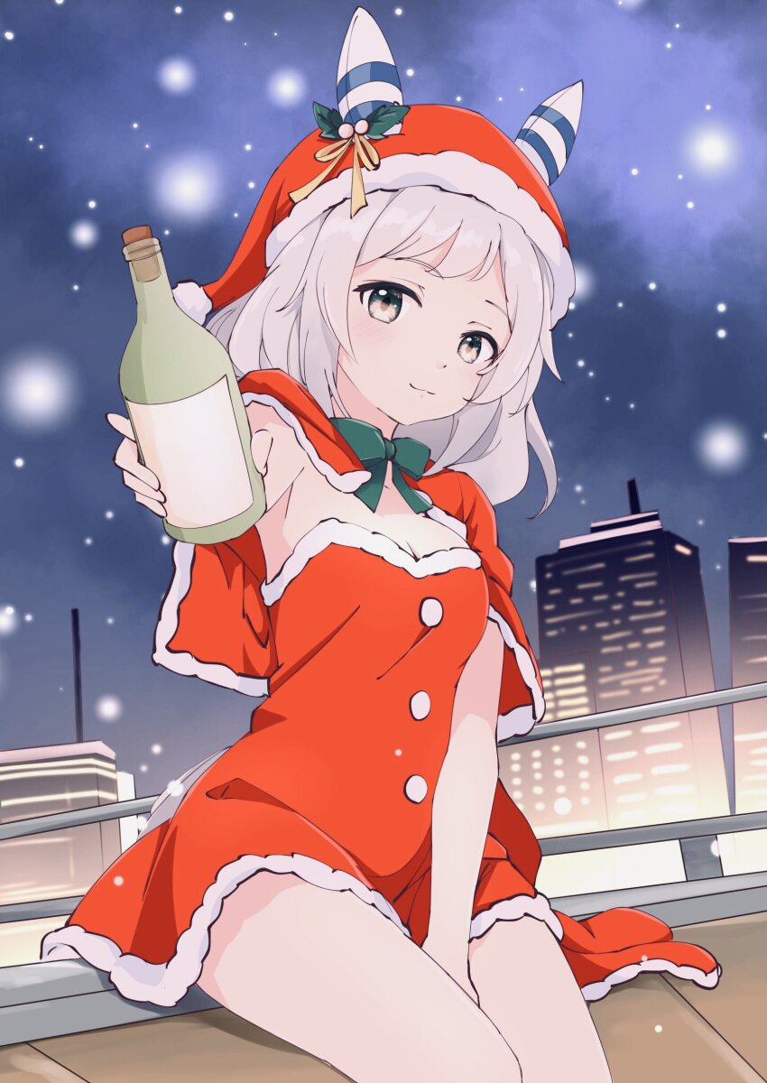 1girl, absurdres, alternate_costume, animal_ears, arm_between_legs, bottle, bow, bowtie