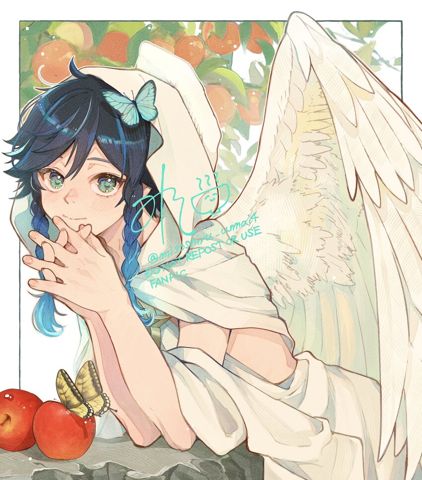 1boy, absurdres, androgynous, angel, angel_wings, apple, aqua_hair, black_hair