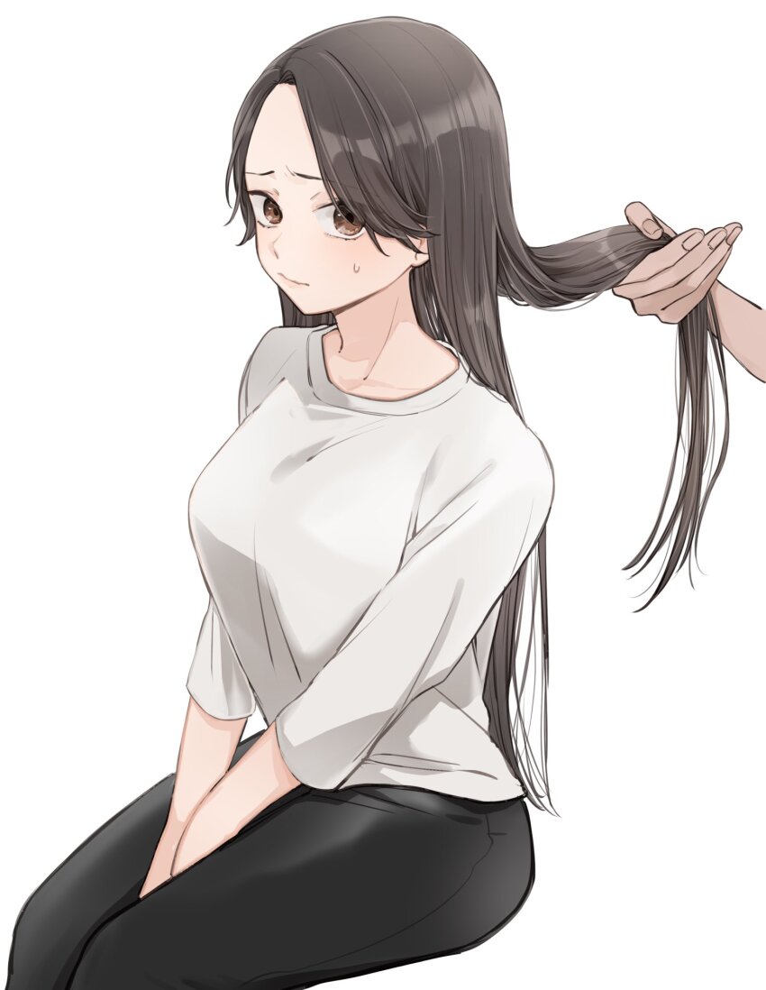 1girl, 1other, black_pants, blush, breasts, brown_eyes, brown_hair, closed_mouth