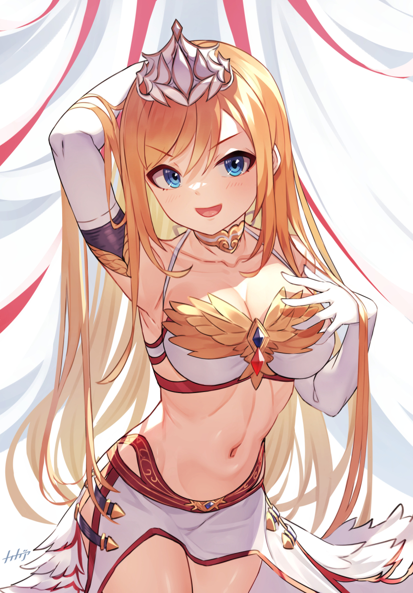 1girl, :d, arms_behind_head, arpeggio_kaga, bandeau, blonde_hair, blue_eyes, breasts, cassiopeia_(shingeki_no_bahamut), cleavage, collarbone, commentary_request, crown, elbow_gloves, gloves, granblue_fantasy, hair_between_eyes, hair_lift, halterneck, highres, large_breasts, lifting_own_clothes, long_hair, looking_at_viewer, navel, open_mouth, revealing_clothes, side_slit, signature, simple_background, smile, solo, white_gloves