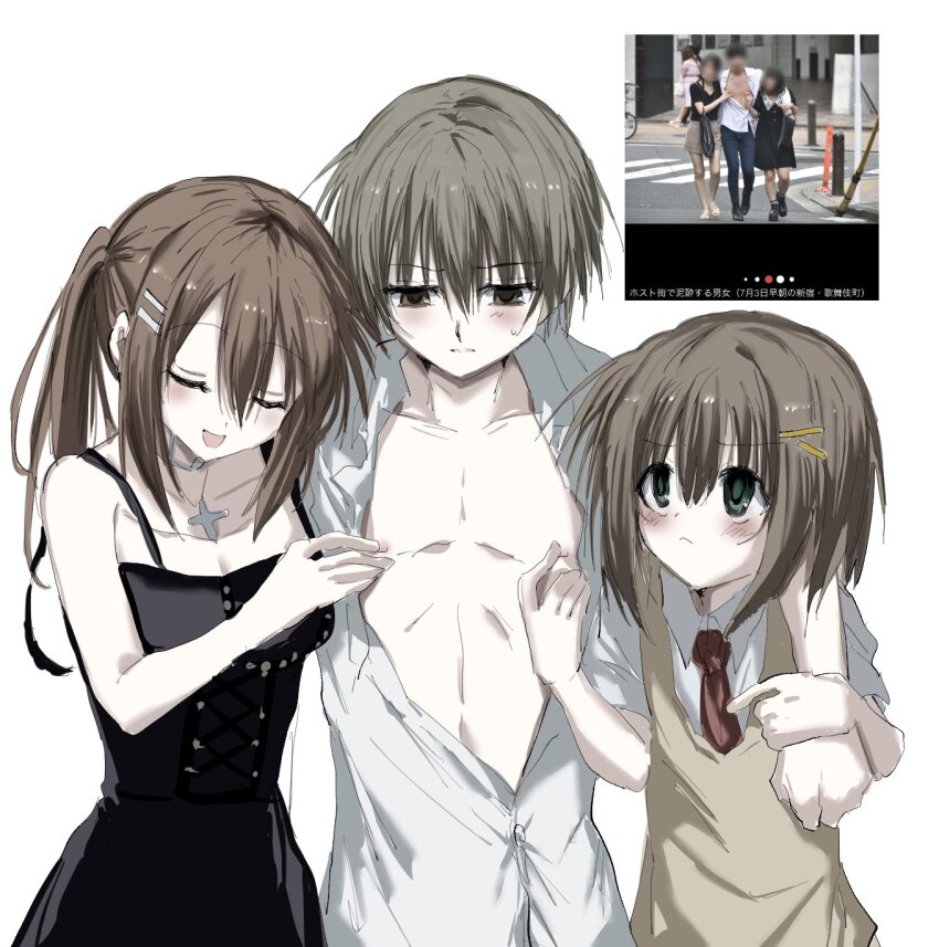 1boy, 2girls, :<, :d, arms_around_neck, assertive_female, bare_arms, black_dress, blush, breasts, brother_and_sister, brown_hair, cleavage, closed_eyes, closed_mouth, collarbone, collared_shirt, cowboy_shot, dress, frown, girl_sandwich, green_eyes, hair_between_eyes, hair_ornament, hairclip, hetero, highres, incest, kasukasugom1, long_hair, looking_at_another, looking_down, mamiya_hasaki, mamiya_takuji, medium_breasts, medium_hair, minakami_yuki, multiple_girls, nipple_stimulation, nipple_tweak, nipples, open_clothes, open_mouth, open_shirt, partially_unbuttoned, photo-referenced, ponytail, sandwiched, shirt, short_hair, short_sleeves, siblings, simple_background, sleeveless, sleeveless_dress, smile, standing, subarashiki_hibi, sweatdrop, sweater_vest, upturned_eyes, white_background, white_shirt, yellow_sweater_vest