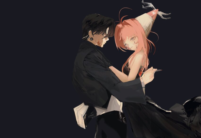 1boy, 1girl, bandaged_head, bandages, bare_shoulders, belt, black_background, black_dress