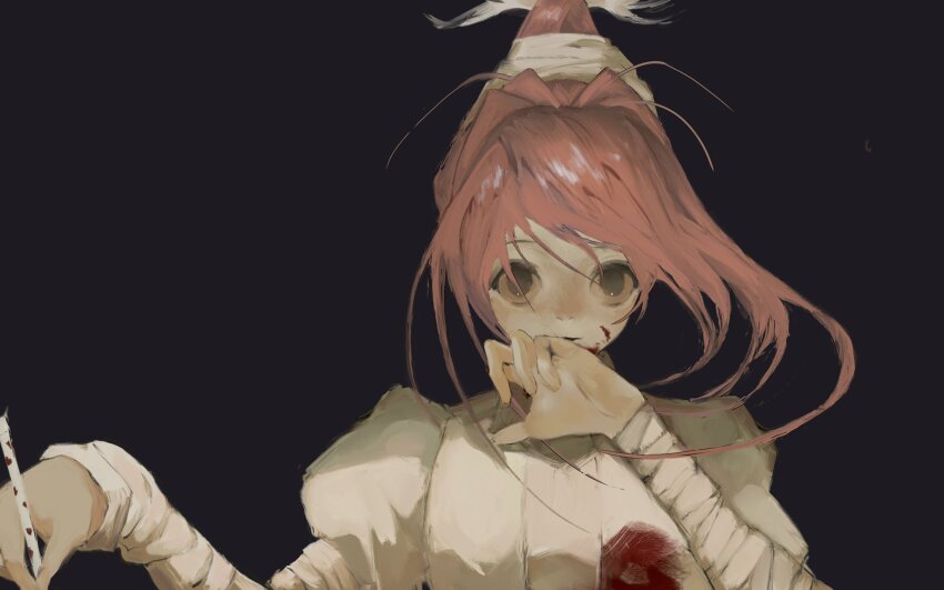 arm_wrap, bandaged_arm, bandages, blood, blood_on_clothes, blood_on_face, hair_ornament, hand_to_own_mouth