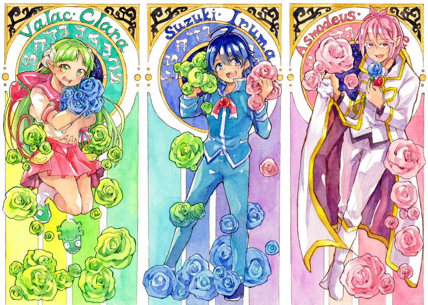 1girl, 2boys, absurdres, art_deco, asmodeus_alice, blue_flower, blue_hair, blue_rose