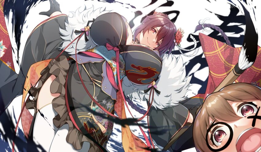 1boy, 1girl, alternate_costume, artist_request, black_gloves, black_kimono, breasts, brown_hair