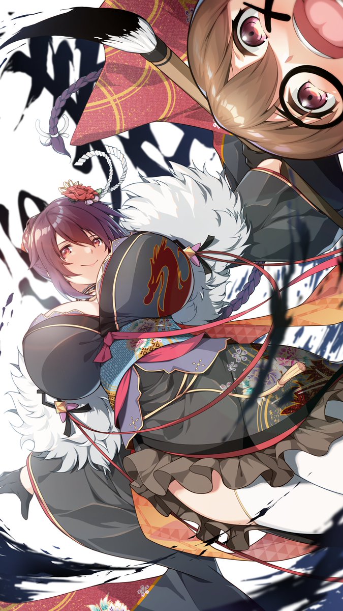 1boy, 1girl, alternate_costume, artist_request, black_gloves, black_kimono, breasts, brown_hair