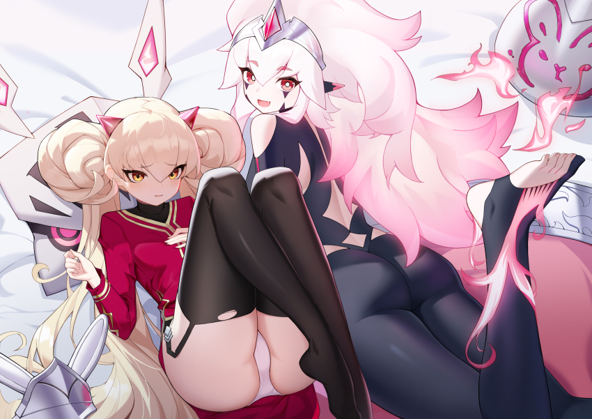 2girls, absurdres, armor, artist_request, ass, barefoot, black_bodysuit, blonde_hair, bodysuit, breasts, bright_pupils, centur-ion_primera, centur-ion_trudea, duel_monster, highres, long_hair, medium_breasts, multiple_girls, panties, pantyshot, pink_hair, red_eyes, red_shirt, shirt, small_breasts, thighhighs, twintails, underwear, yu-gi-oh!