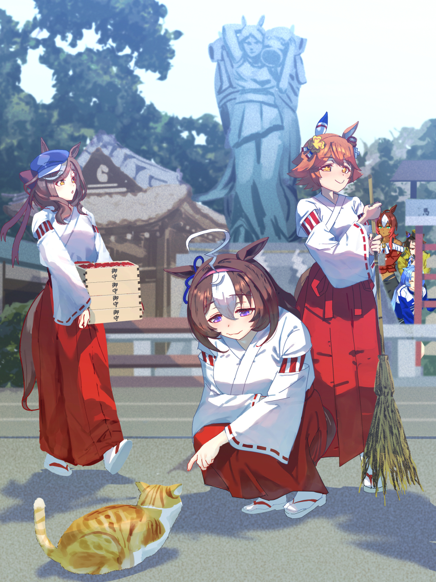 6+girls, :>, absurdres, ahoge, animal_ears, bare_shoulders, blue_hair, blue_headwear