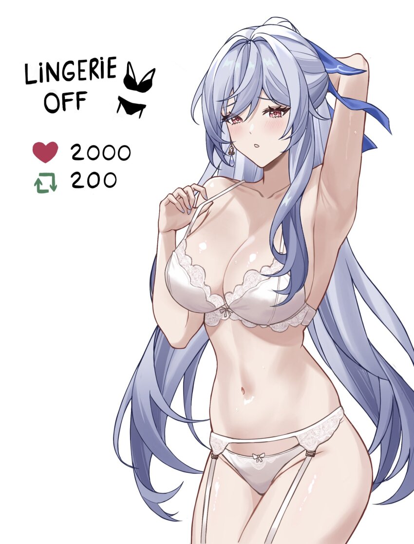 1girl, arm_up, armpits, bare_arms, bare_shoulders, blue_hair, blue_ribbon, bra