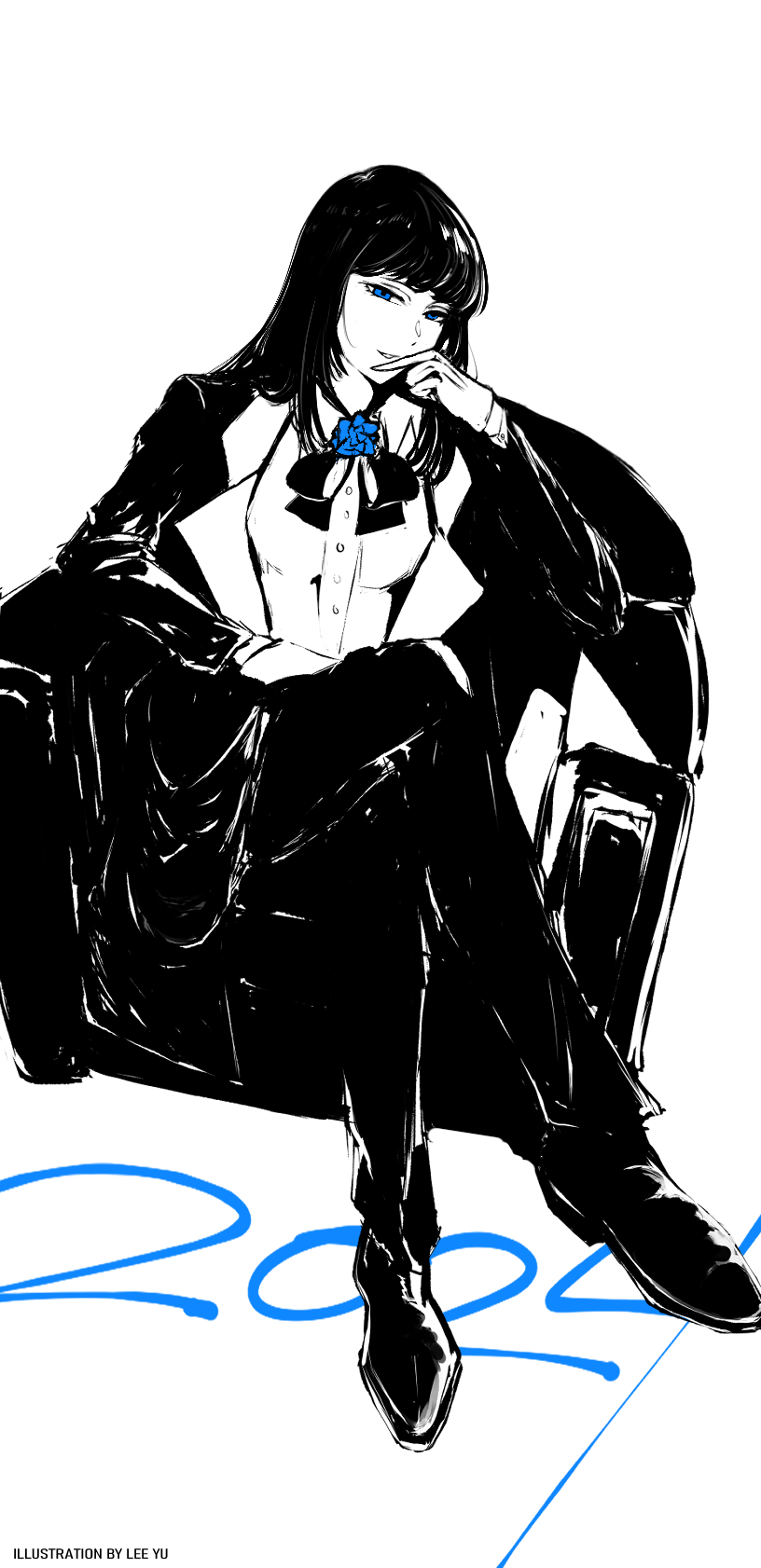 1girl, 2024, ado_(utaite), artist_name, blue_eyes, blue_flower, blue_rose, bow