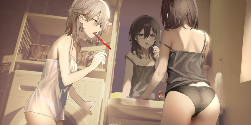 2girls, absurdres, ass, back, basket, black_camisole, black_panties, blush, brushing_teeth, camisole, closed_eyes, collarbone, commentary, english_commentary, facial_mark, faucet, flat_chest, grey_hair, hair_between_eyes, half-closed_eyes, hangar, highres, hisui_ill, ichinose_uruha, indoors, komori_met, lupinus_virtual_games, medium_hair, mirror, morning, multiple_girls, open_mouth, panties, purple_eyes, reflection, see-through_camisole, see-through_clothes, shoulder_blades, sleepy, slice_of_life, standing, toilet, toothbrush, triangle, triangle_facial_mark, underwear, virtual_youtuber, vspo!, washing_machine, white_camisole, white_panties