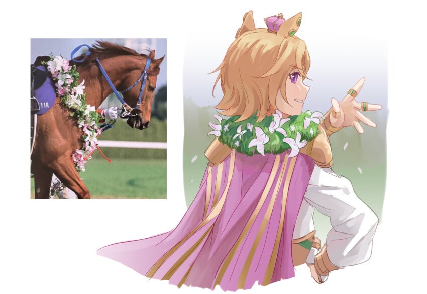 1girl, 1other, animal_ears, cape, commentary, creature_and_personification, crown, horse