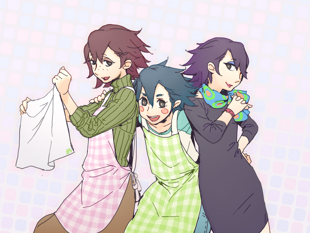 3girls, animal_crossing, apron, arabahama, blue_hair, blush_stickers, bracelet, denim