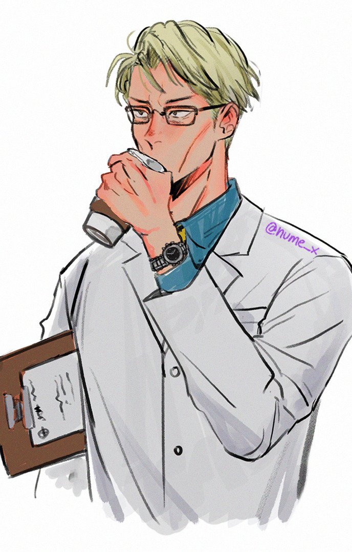 1boy, blonde_hair, blue_shirt, brown_eyes, chair, clipboard, coffee, collared_shirt