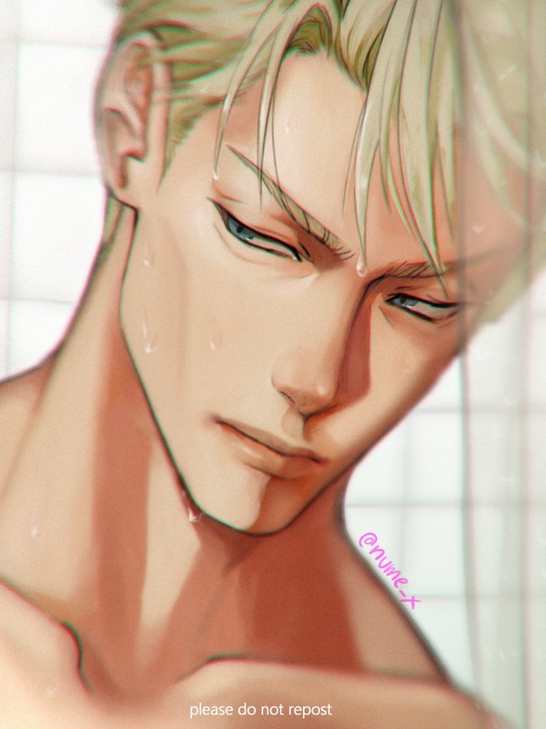 1boy, alternate_eye_color, blonde_hair, blue_eyes, collarbone, jujutsu_kaisen, lips, looking_at_viewer