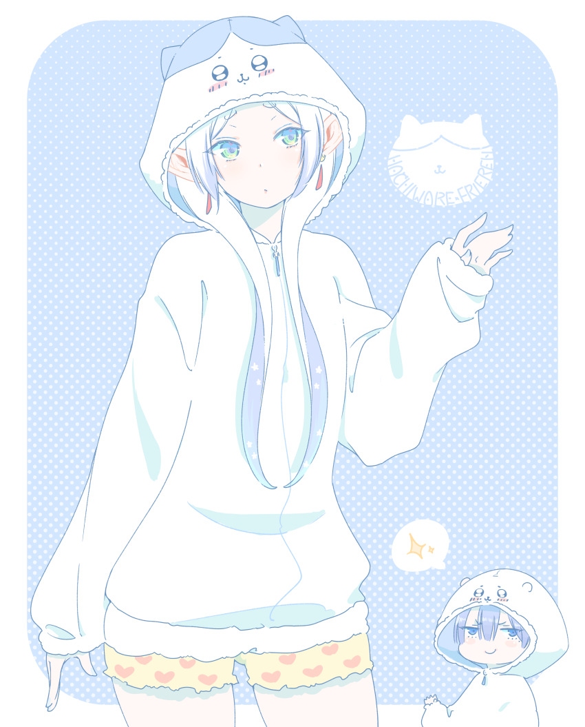 1boy, 1girl, absurdres, animal_hood, arm_at_side, blue_hair, capelet, chibi, chiikawa, chiikawa_(character), chiikawa_(character)_(cosplay), cosplay, cowboy_shot, earrings, elf, expressionless, flat_chest, frieren, green_eyes, hachiware_(chiikawa), hachiware_(chiikawa)_(cosplay), hair_over_shoulder, hand_up, heart, heart_print, highres, himmel_(sousou_no_frieren), hood, hood_up, hoodie, jewelry, long_hair, long_sleeves, matching_outfits, mole, mole_under_eye, outside_border, parted_bangs, pointy_ears, print_shorts, rounded_corners, sachinyopo, short_hair, shorts, sleeves_past_wrists, smirk, smug, sousou_no_frieren, speech_bubble, thought_bubble, twintails, white_capelet, white_hoodie, yellow_shorts