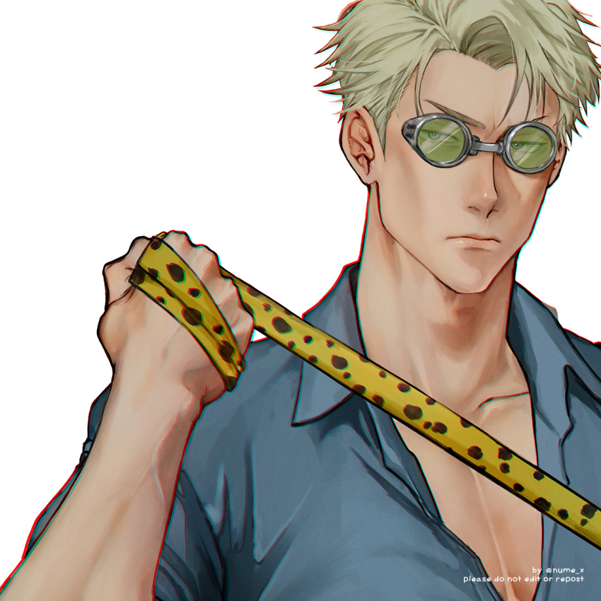 1boy, blonde_hair, blue_shirt, chair, collarbone, collared_shirt, goggles, holding