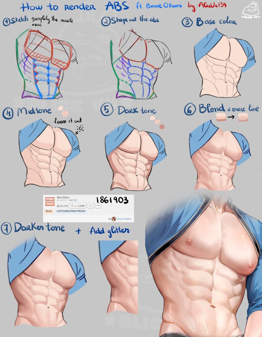1boy, abs, alice_vu, anatomy, art_program_in_frame, bare_pectorals, clothes_lift, disembodied_torso