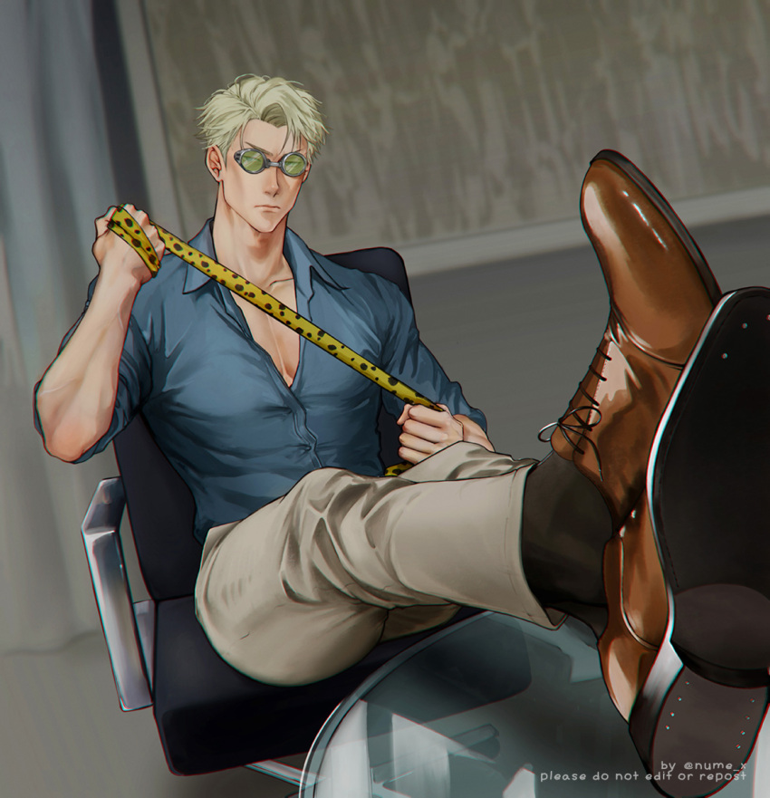 1boy, black_socks, blonde_hair, blue_shirt, brown_shoes, chair, collarbone, collared_shirt